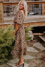 Load image into Gallery viewer, Brown Leopard Print Bubble Sleeve Square Neck Maxi Dress - Fashion Queen -  9

