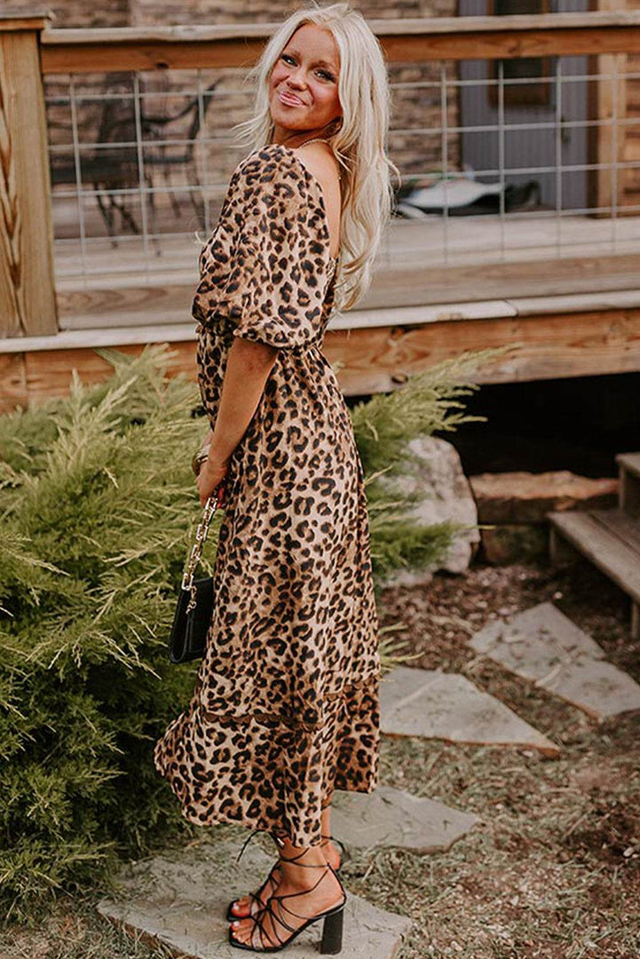 Brown Leopard Print Bubble Sleeve Square Neck Maxi Dress - Fashion Queen -  9