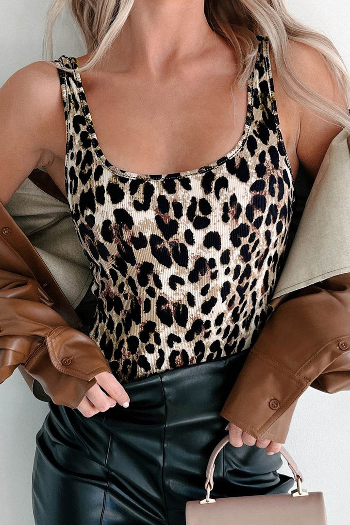 Brown Leopard Print U Neck Sleeveless Bodysuit - Fashion Queen -  7