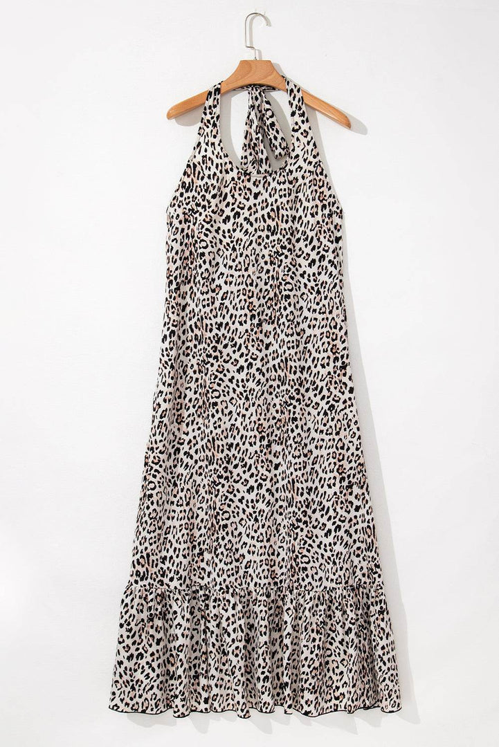 Brown Leopard Printed Halter Neck Backless Ruffled Hem Maxi Dress - Fashion Queen -  13
