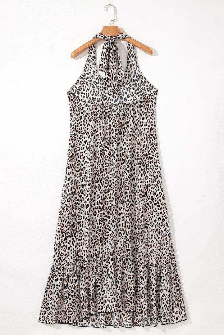 Brown Leopard Printed Halter Neck Backless Ruffled Hem Maxi Dress - Fashion Queen -  14