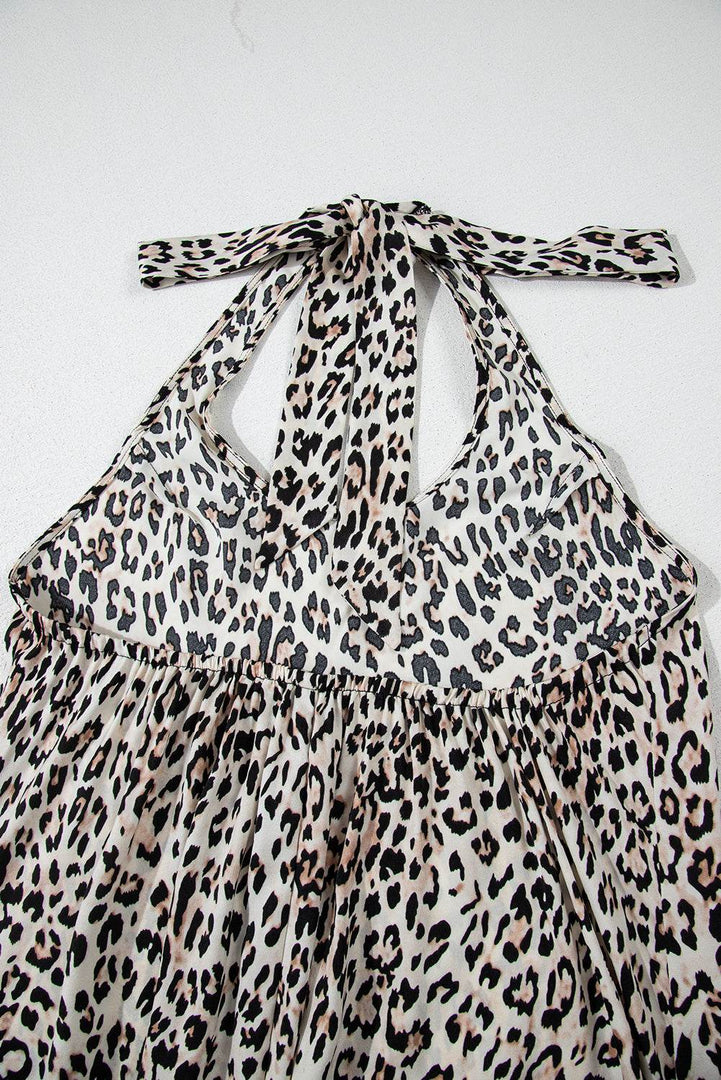 Brown Leopard Printed Halter Neck Backless Ruffled Hem Maxi Dress - Fashion Queen -  16