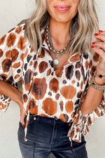 Load image into Gallery viewer, Brown Metallic Threading Accents Pleated Abstract Printed Ruffled 3/4 Sleeve Blouse - Fashion Queen -  1
