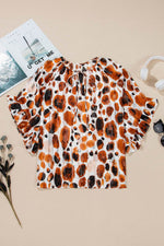 Load image into Gallery viewer, Brown Metallic Threading Accents Pleated Abstract Printed Ruffled 3/4 Sleeve Blouse - Fashion Queen -  15
