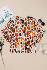 Load image into Gallery viewer, Brown Metallic Threading Accents Pleated Abstract Printed Ruffled 3/4 Sleeve Blouse - Fashion Queen -  16

