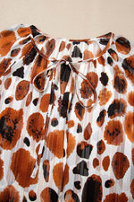 Load image into Gallery viewer, Brown Metallic Threading Accents Pleated Abstract Printed Ruffled 3/4 Sleeve Blouse - Fashion Queen -  17
