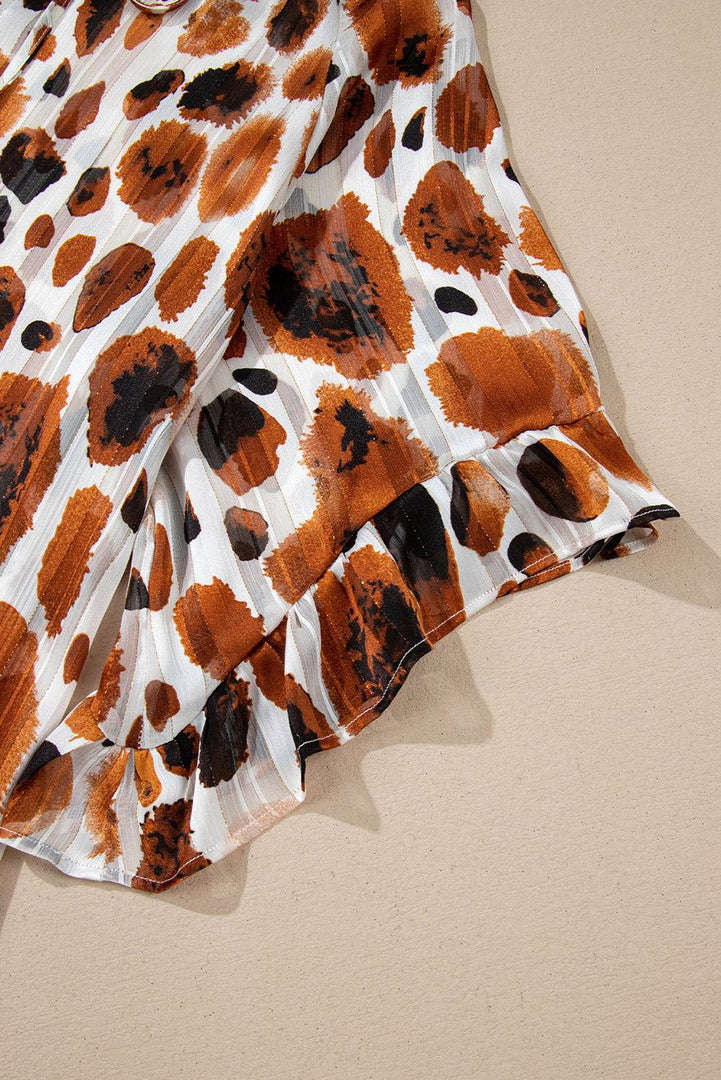 Brown Metallic Threading Accents Pleated Abstract Printed Ruffled 3/4 Sleeve Blouse - Fashion Queen -  19