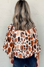 Load image into Gallery viewer, Brown Metallic Threading Accents Pleated Abstract Printed Ruffled 3/4 Sleeve Blouse - Fashion Queen -  2
