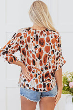 Load image into Gallery viewer, Brown Metallic Threading Accents Pleated Abstract Printed Ruffled 3/4 Sleeve Blouse - Fashion Queen -  5
