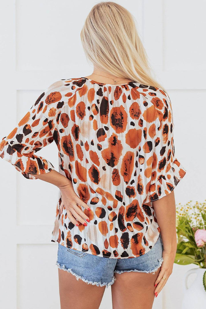 Brown Metallic Threading Accents Pleated Abstract Printed Ruffled 3/4 Sleeve Blouse - Fashion Queen -  5