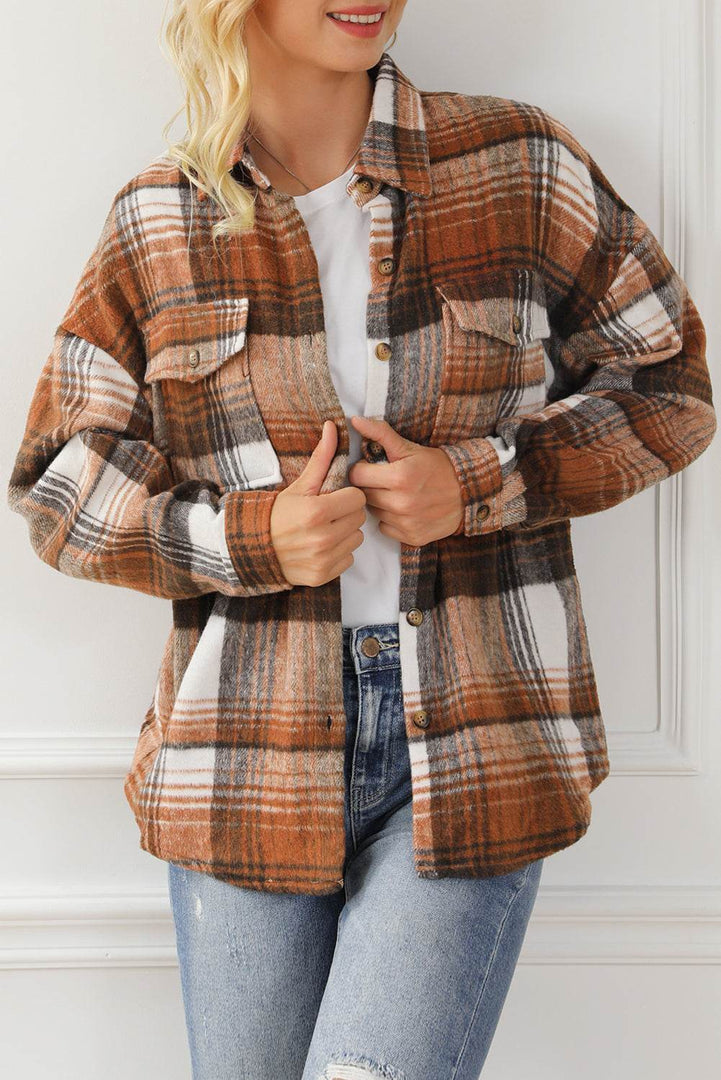 Brown Plaid Flap Pockets Shacket - Fashion Queen -  10