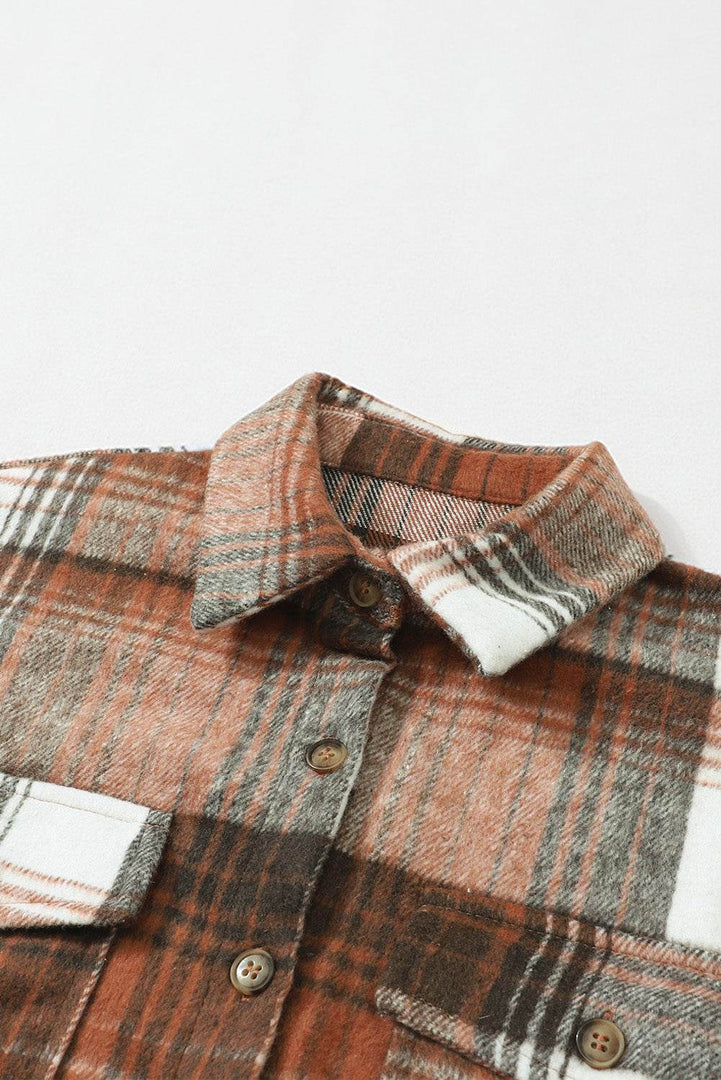 Brown Plaid Flap Pockets Shacket - Fashion Queen -  18