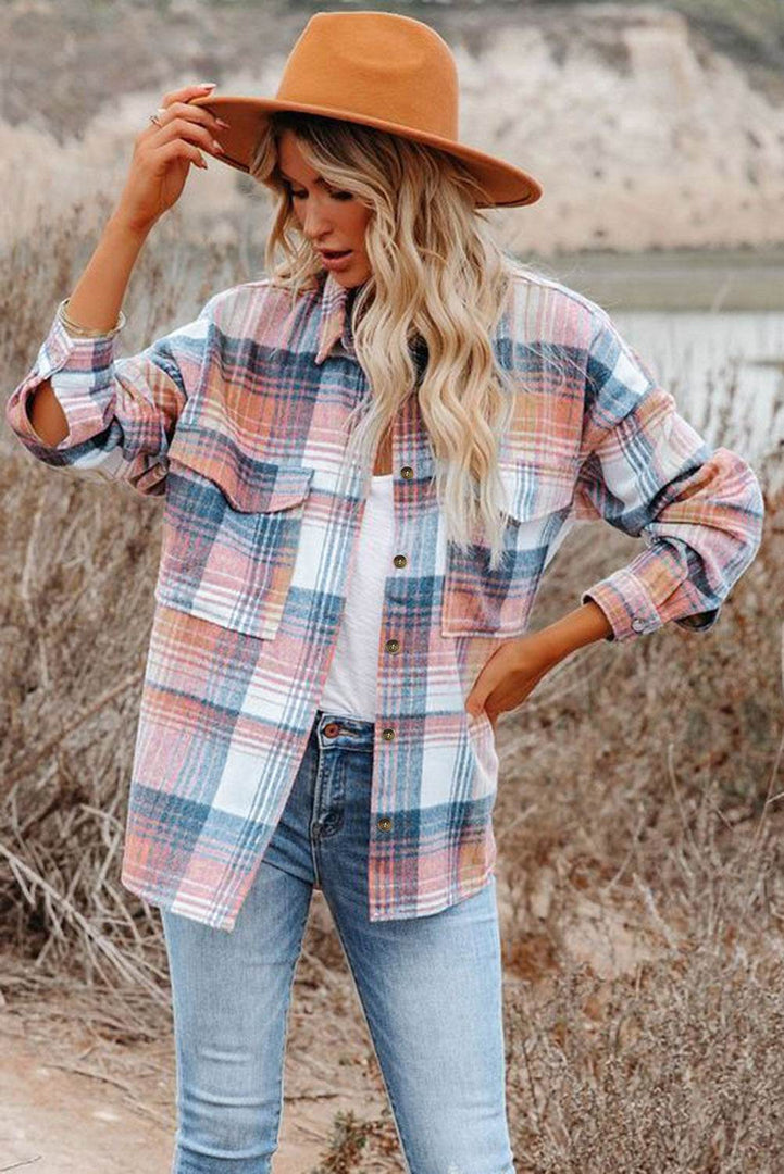 Brown Plaid Flap Pockets Shacket - Fashion Queen -  23