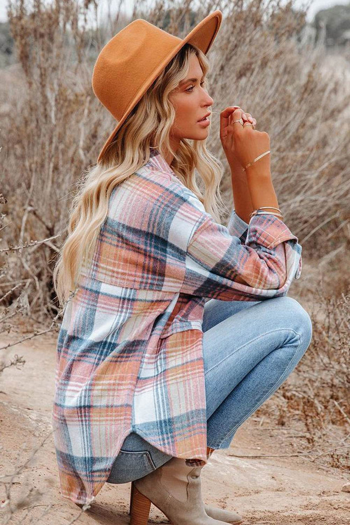 Brown Plaid Flap Pockets Shacket - Fashion Queen -  24