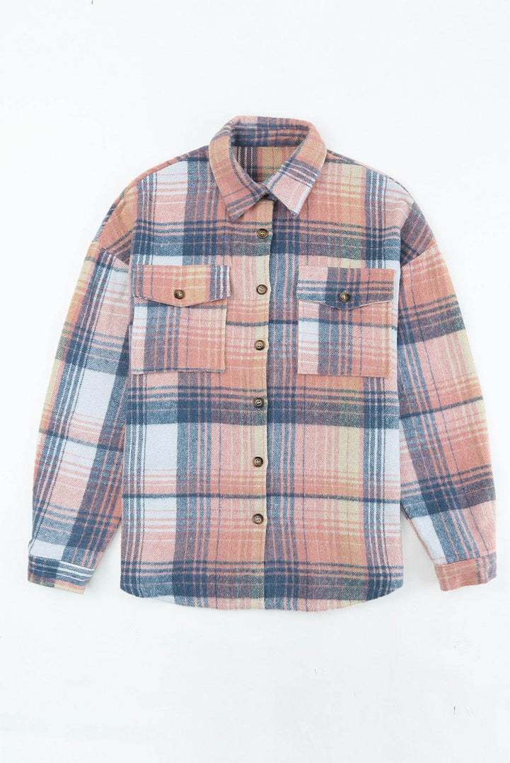 Brown Plaid Flap Pockets Shacket - Fashion Queen -  28