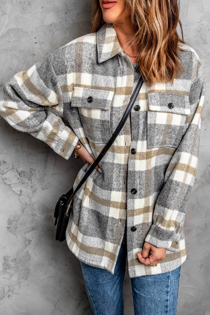 Brown Plaid Print Pocket Women Shacket - Fashion Queen -  1