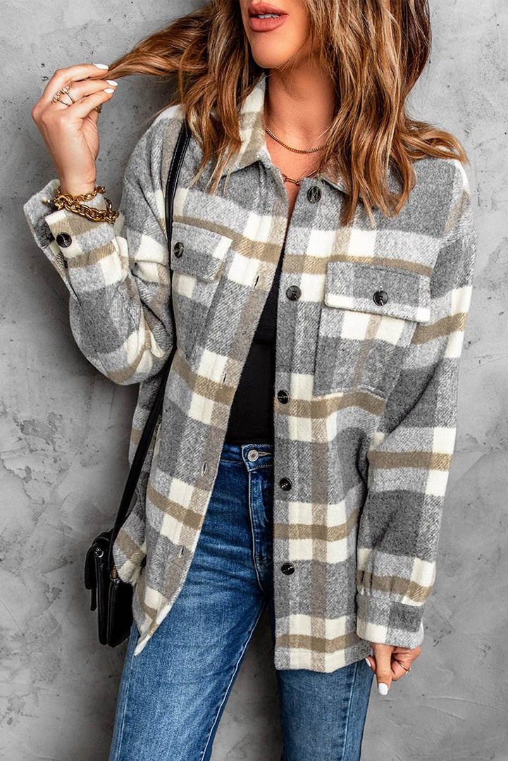 Brown Plaid Print Pocket Women Shacket - Fashion Queen -  3