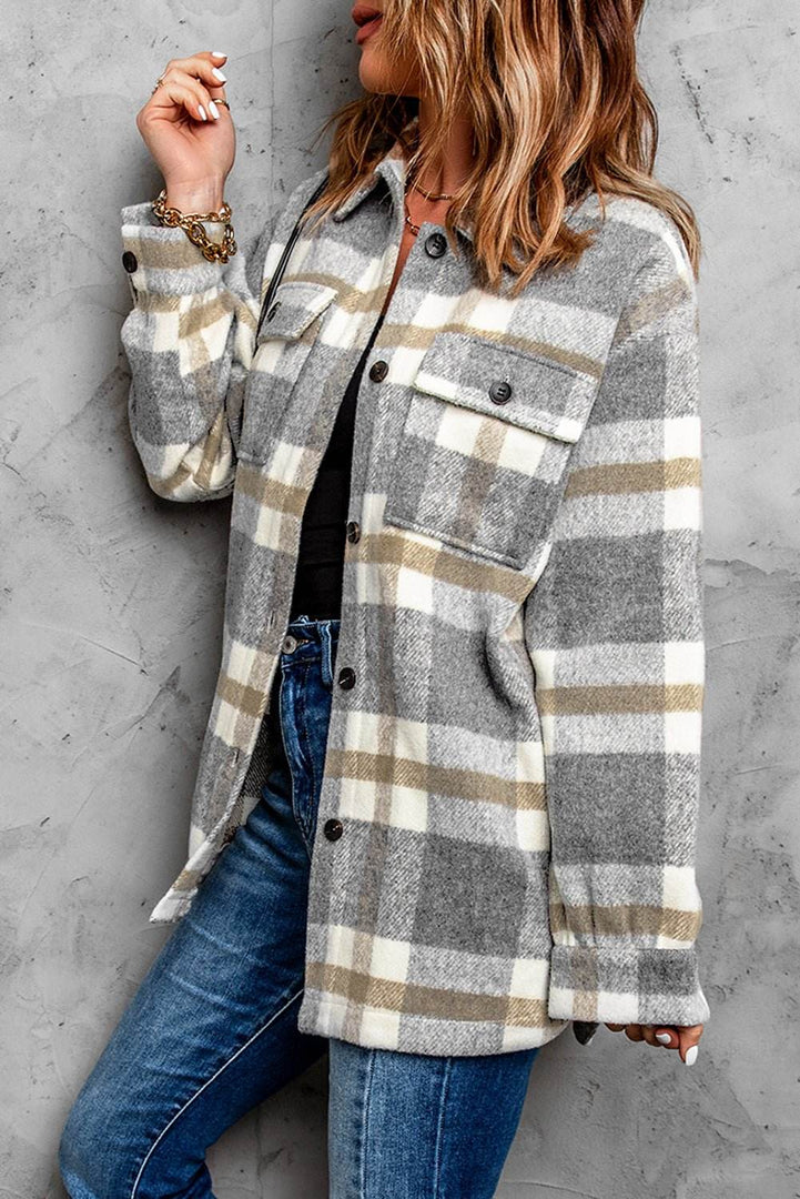 Brown Plaid Print Pocket Women Shacket - Fashion Queen -  4