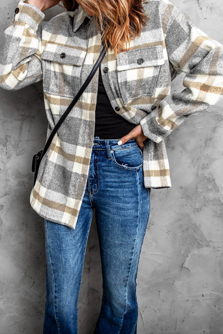 Brown Plaid Print Pocket Women Shacket - Fashion Queen -  5