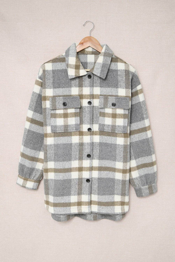 Brown Plaid Print Pocket Women Shacket - Fashion Queen -  6