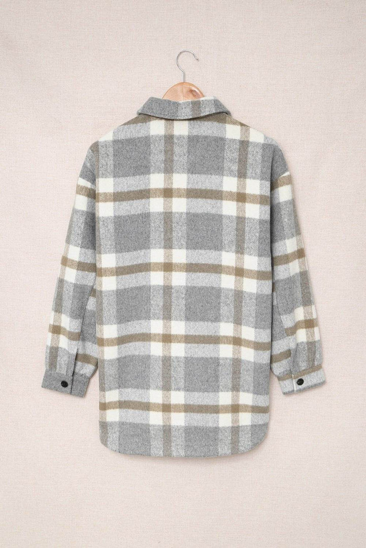 Brown Plaid Print Pocket Women Shacket - Fashion Queen -  7