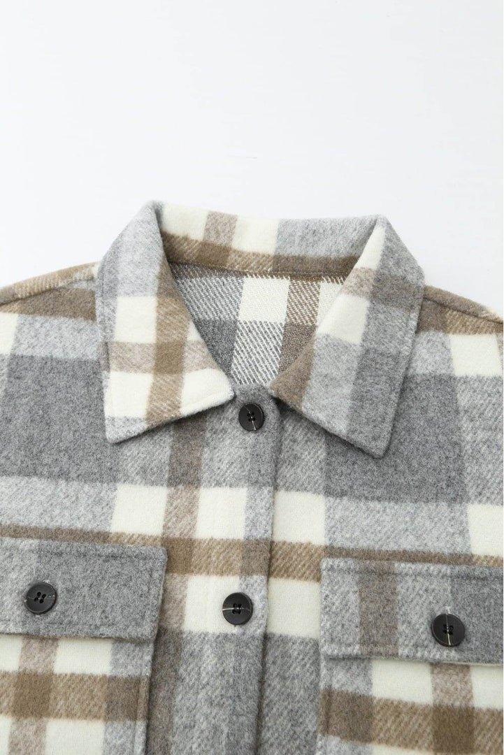 Brown Plaid Print Pocket Women Shacket - Fashion Queen -  8