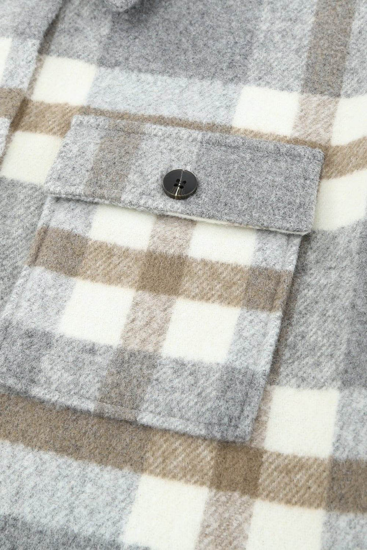 Brown Plaid Print Pocket Women Shacket - Fashion Queen -  9