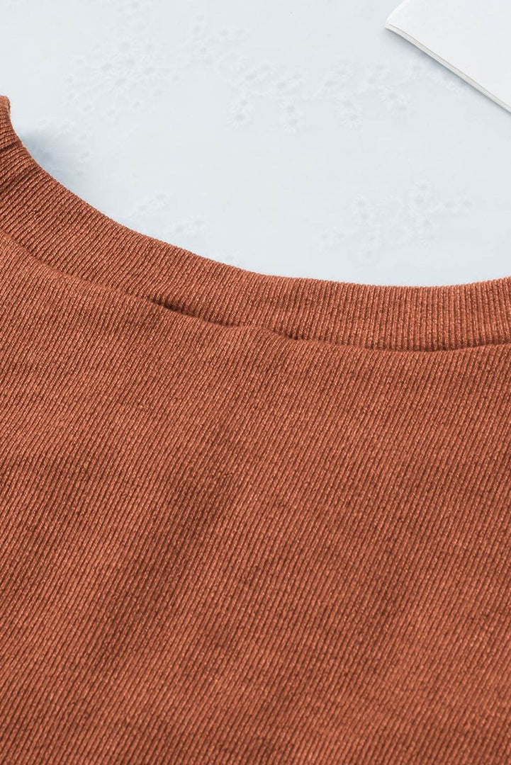 Brown Ribbed Peekaboo Cutout Long Sleeve Top - Fashion Queen -  12