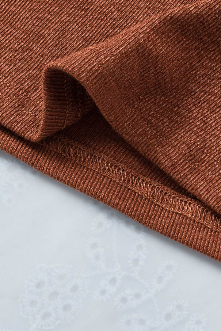 Brown Ribbed Peekaboo Cutout Long Sleeve Top - Fashion Queen -  13