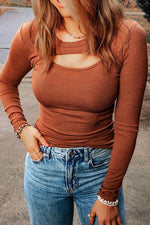 Load image into Gallery viewer, Brown Ribbed Peekaboo Cutout Long Sleeve Top - Fashion Queen -  4
