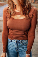 Load image into Gallery viewer, Brown Ribbed Peekaboo Cutout Long Sleeve Top - Fashion Queen -  5
