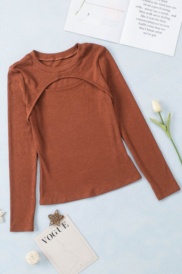 Brown Ribbed Peekaboo Cutout Long Sleeve Top - Fashion Queen -  6