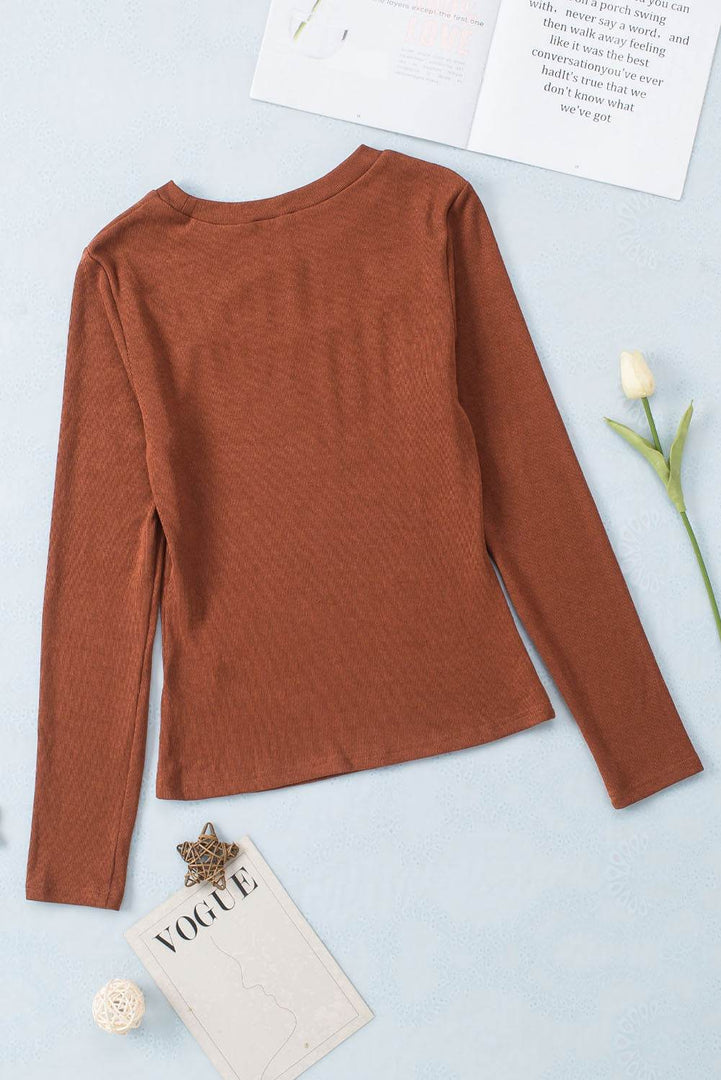 Brown Ribbed Peekaboo Cutout Long Sleeve Top - Fashion Queen -  7