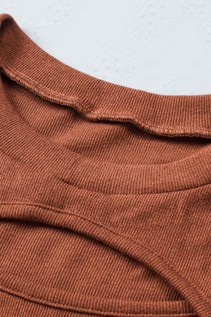 Brown Ribbed Peekaboo Cutout Long Sleeve Top - Fashion Queen -  8