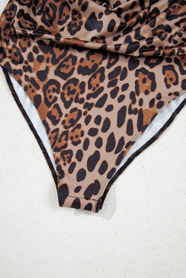 Brown Spaghetti Straps Ruched Leopard Bodysuit - Fashion Queen -  10