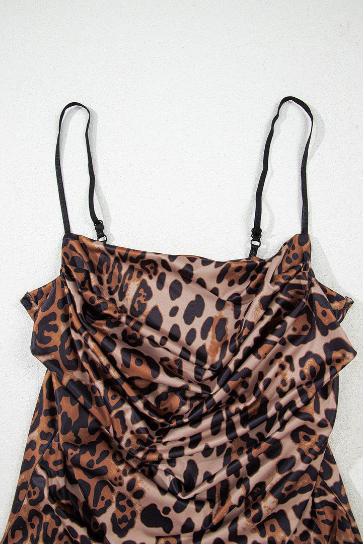 Brown Spaghetti Straps Ruched Leopard Bodysuit - Fashion Queen -  12