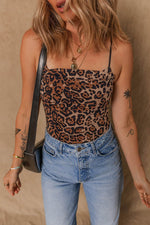 Load image into Gallery viewer, Brown Spaghetti Straps Ruched Leopard Bodysuit - Fashion Queen -  15
