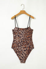 Load image into Gallery viewer, Brown Spaghetti Straps Ruched Leopard Bodysuit - Fashion Queen -  5
