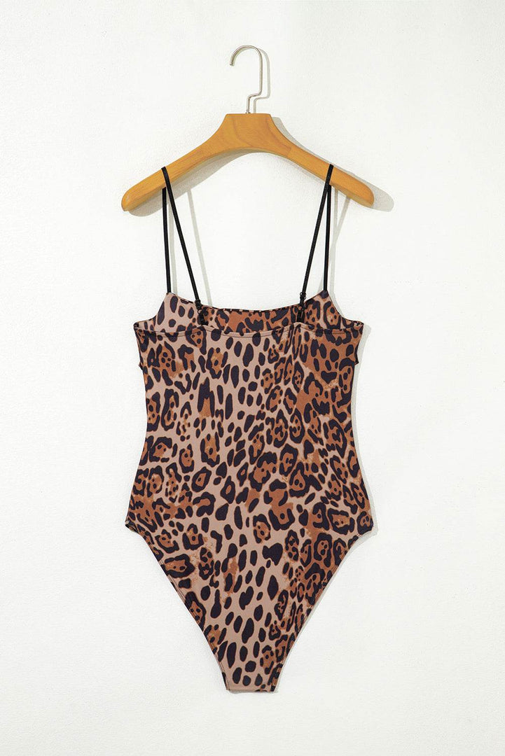 Brown Spaghetti Straps Ruched Leopard Bodysuit - Fashion Queen -  5