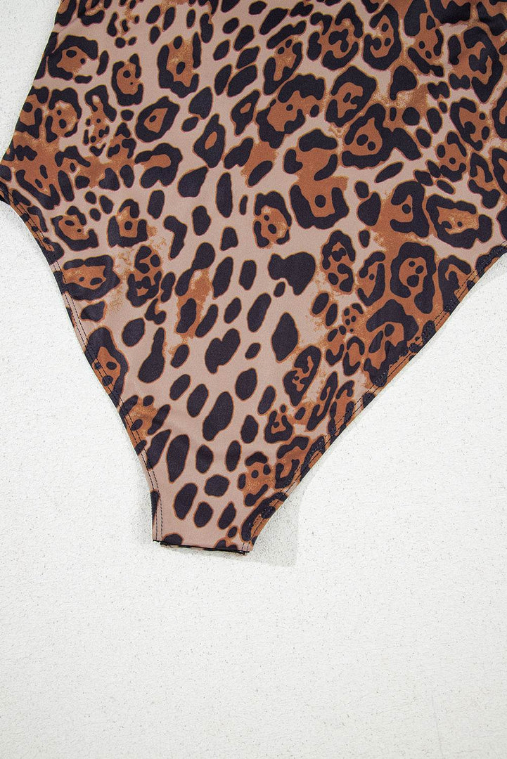 Brown Spaghetti Straps Ruched Leopard Bodysuit - Fashion Queen -  7