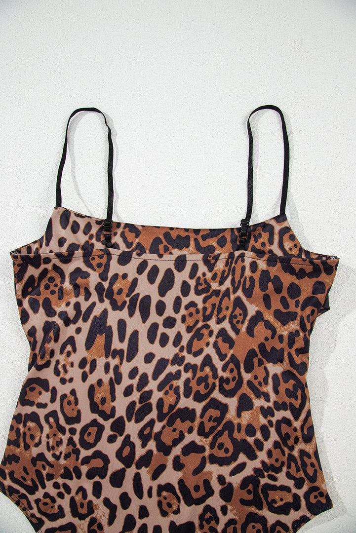 Brown Spaghetti Straps Ruched Leopard Bodysuit - Fashion Queen -  9