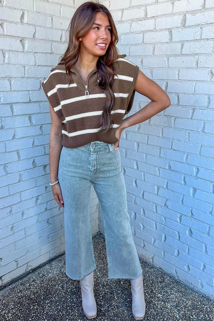 Brown Stripe Zipped Collar Cap Sleeve Knit Top - Fashion Queen -  10