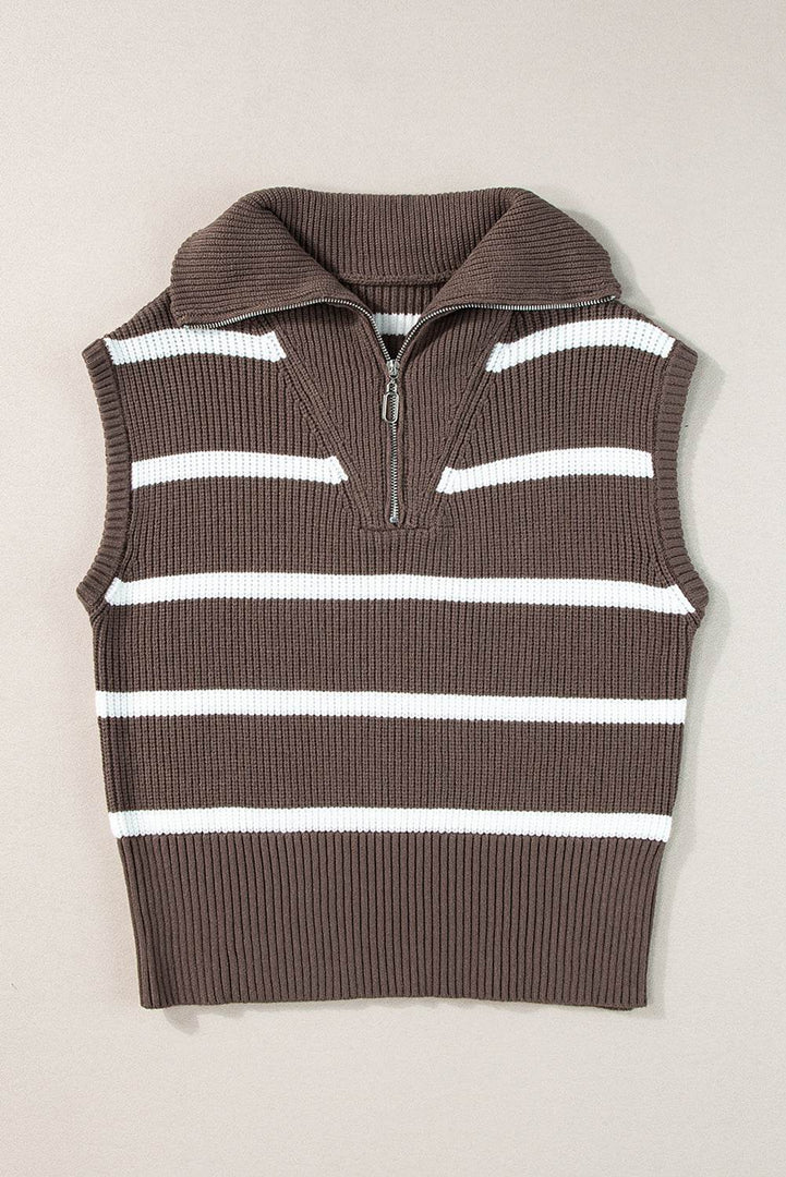 Brown Stripe Zipped Collar Cap Sleeve Knit Top - Fashion Queen -  13