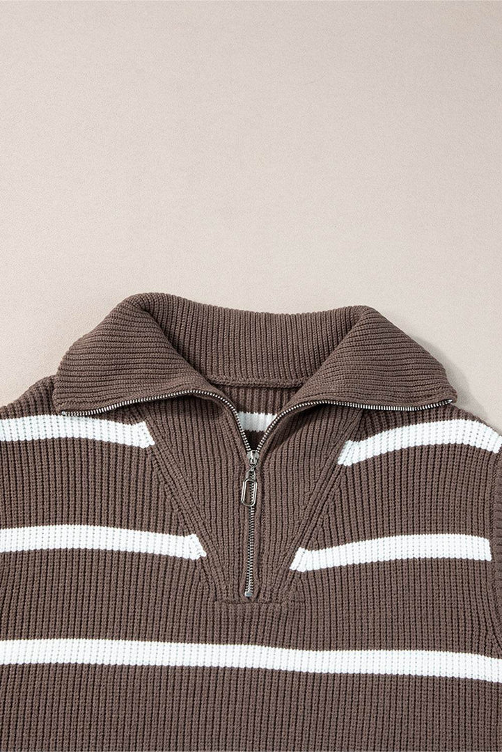 Brown Stripe Zipped Collar Cap Sleeve Knit Top - Fashion Queen -  15