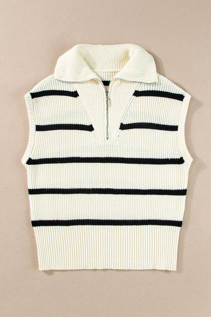 Brown Stripe Zipped Collar Cap Sleeve Knit Top - Fashion Queen -  21