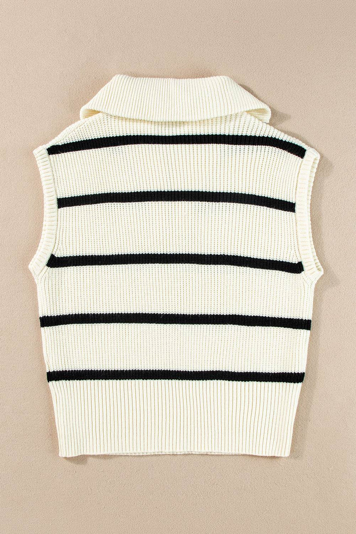 Brown Stripe Zipped Collar Cap Sleeve Knit Top - Fashion Queen -  22