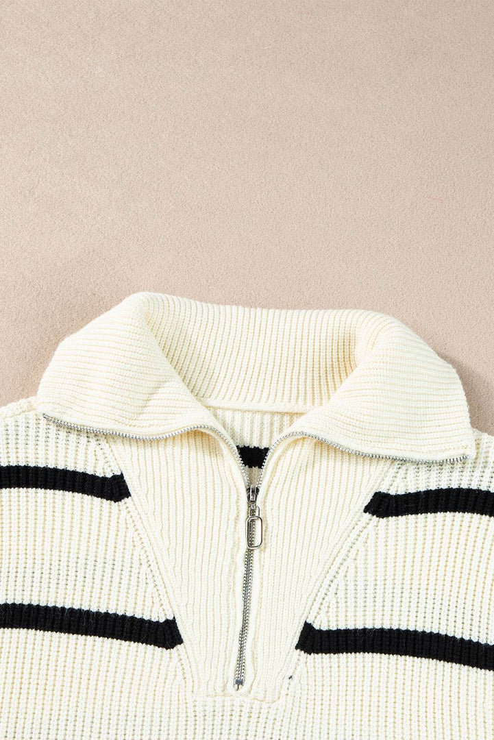 Brown Stripe Zipped Collar Cap Sleeve Knit Top - Fashion Queen -  23