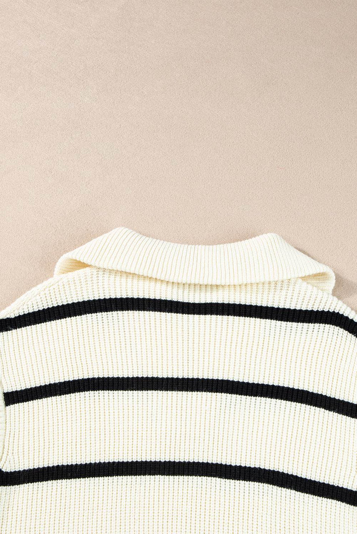 Brown Stripe Zipped Collar Cap Sleeve Knit Top - Fashion Queen -  24