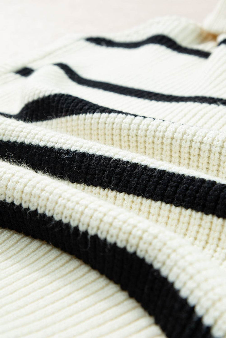 Brown Stripe Zipped Collar Cap Sleeve Knit Top - Fashion Queen -  26