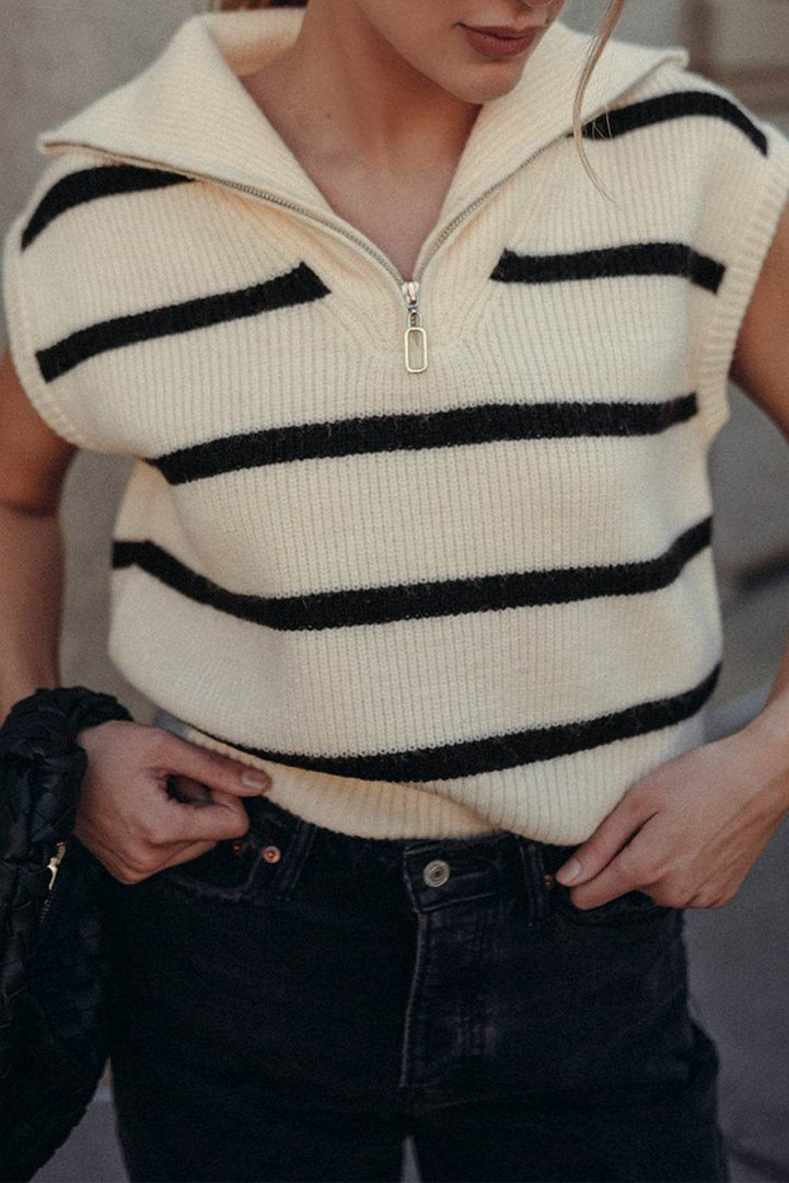 Brown Stripe Zipped Collar Cap Sleeve Knit Top - Fashion Queen -  4